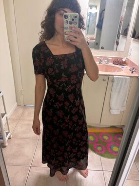 Black Floral Square-Neck Midi Dress